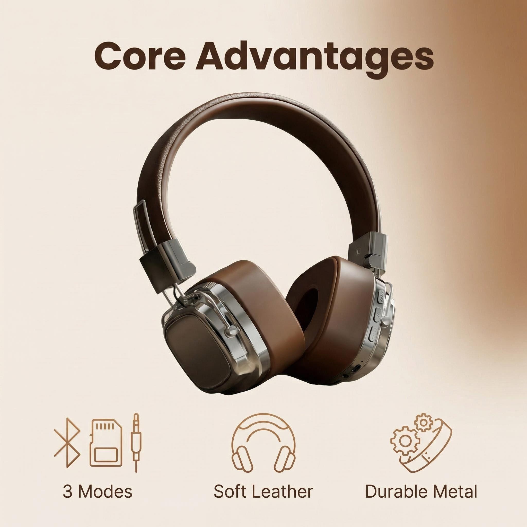 Retro Handset Phone - Headphone Kulit Retro Over-ear Nirkabel Bluetooth